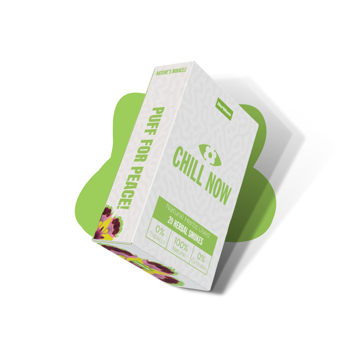 Box of Herblunt healing smokes 'Chill Now' herbal snacks with green and white design on a white background