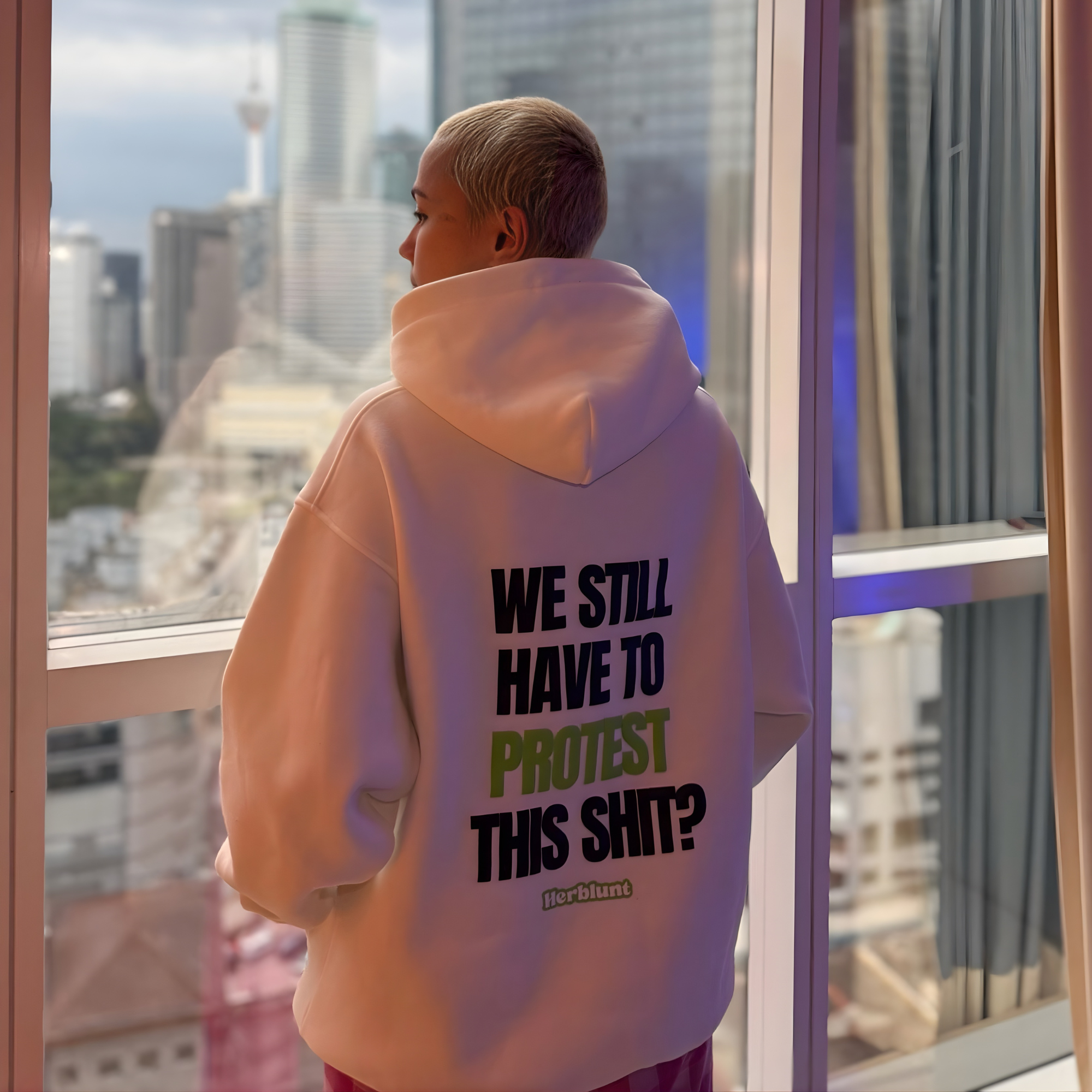 Debbie joy wearing herblunt hoodie