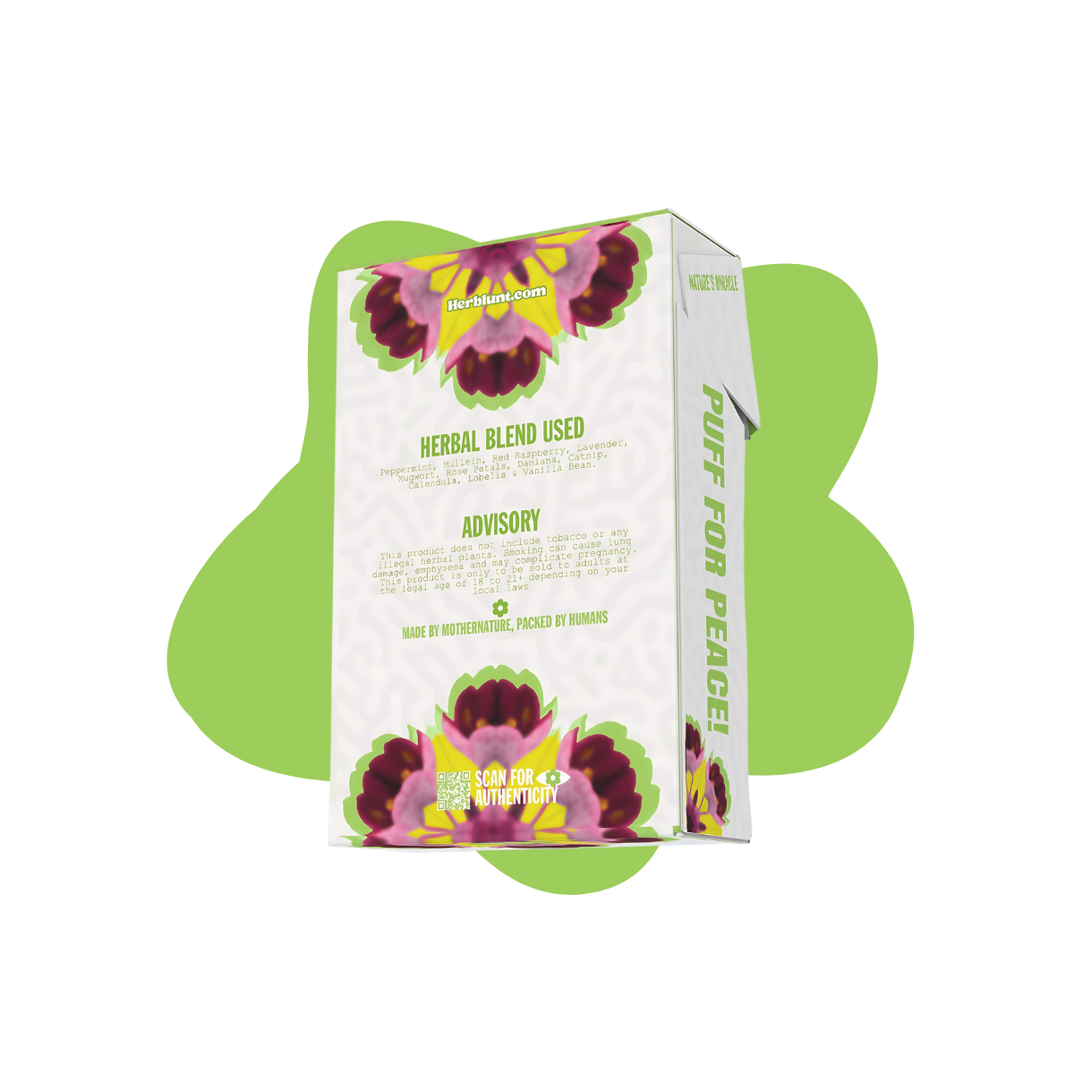 Herblunt healing smokes back view Product packaging with floral design on a white background